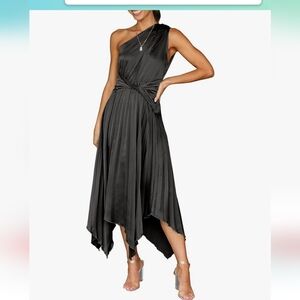 Womens one shoulder silk satin midi party black dress